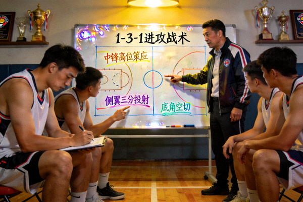 篮球球队战术分析图片 - 教练与球员在战术板前讨论